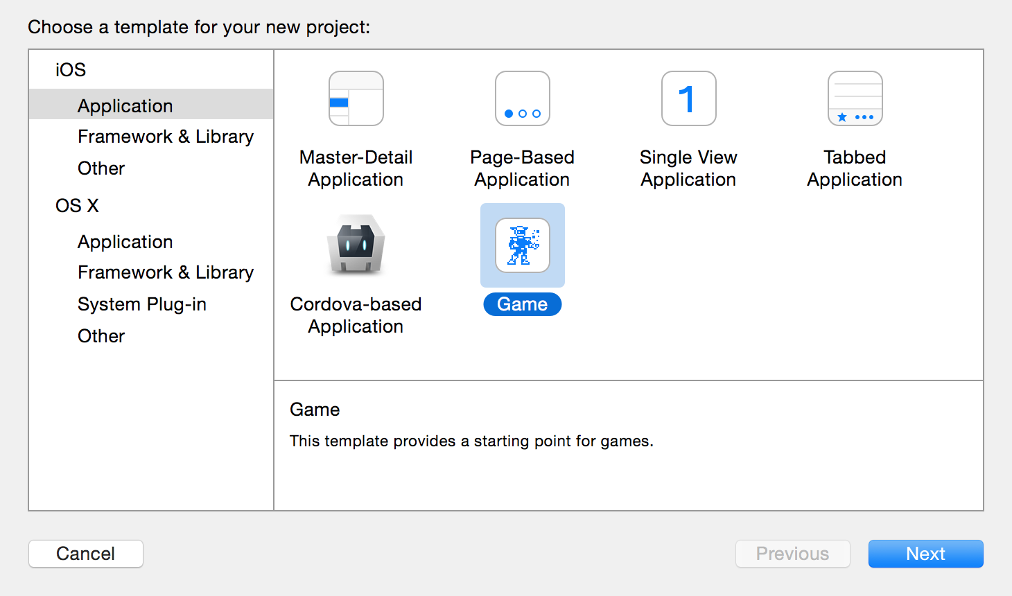 Xcode project template screen.
