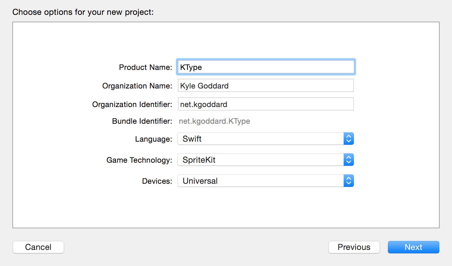 Xcode project options screen.